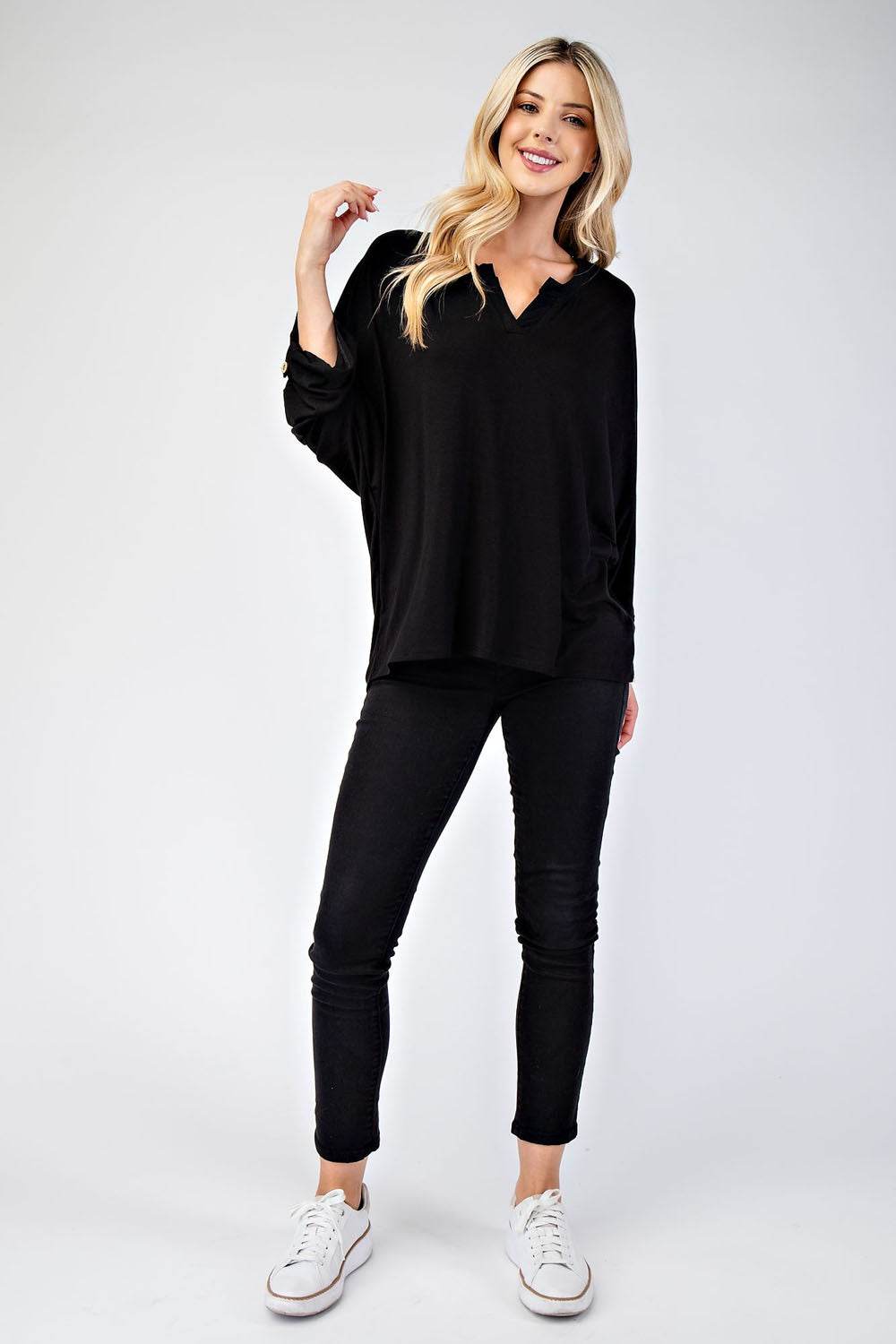 Celeste Full Size Notched Three-Quarter Sleeve Blouse - Hovatok