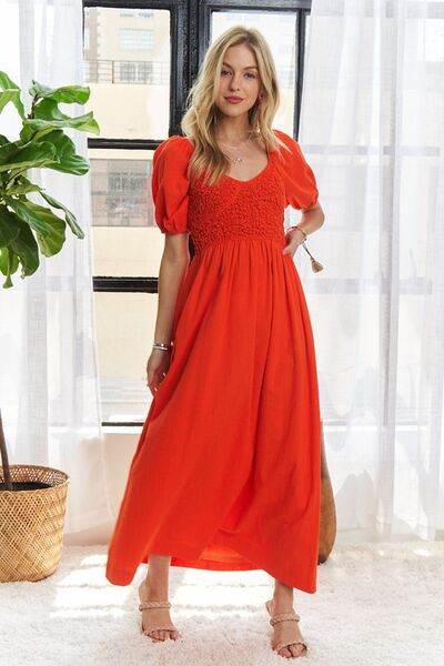 ADORA Popcorn Smocked Puff Sleeve Dress - Hovatok