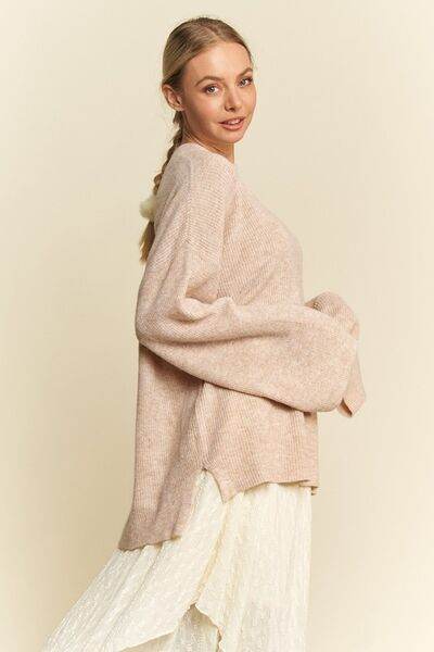 Davi & Dani High-Low Round Neck Drop Shoulder Sweater - Hovatok