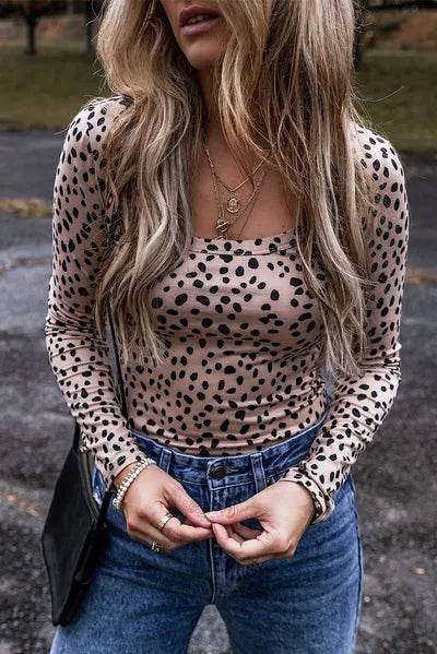 Animal Print Scoop Neck Long Sleeve Bodysuit - Hovatok