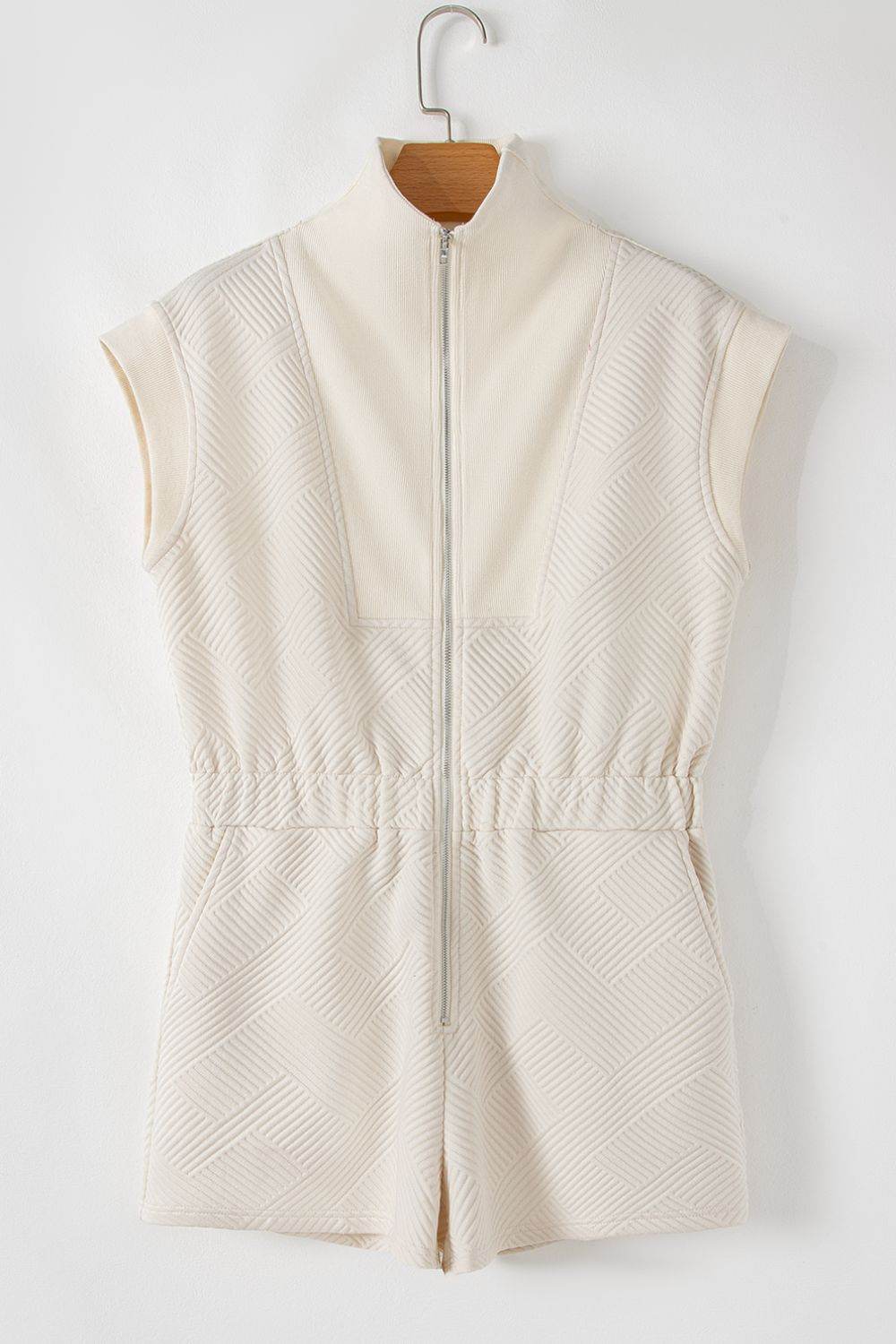Textured Zip Front Romper with Pockets - Hovatok