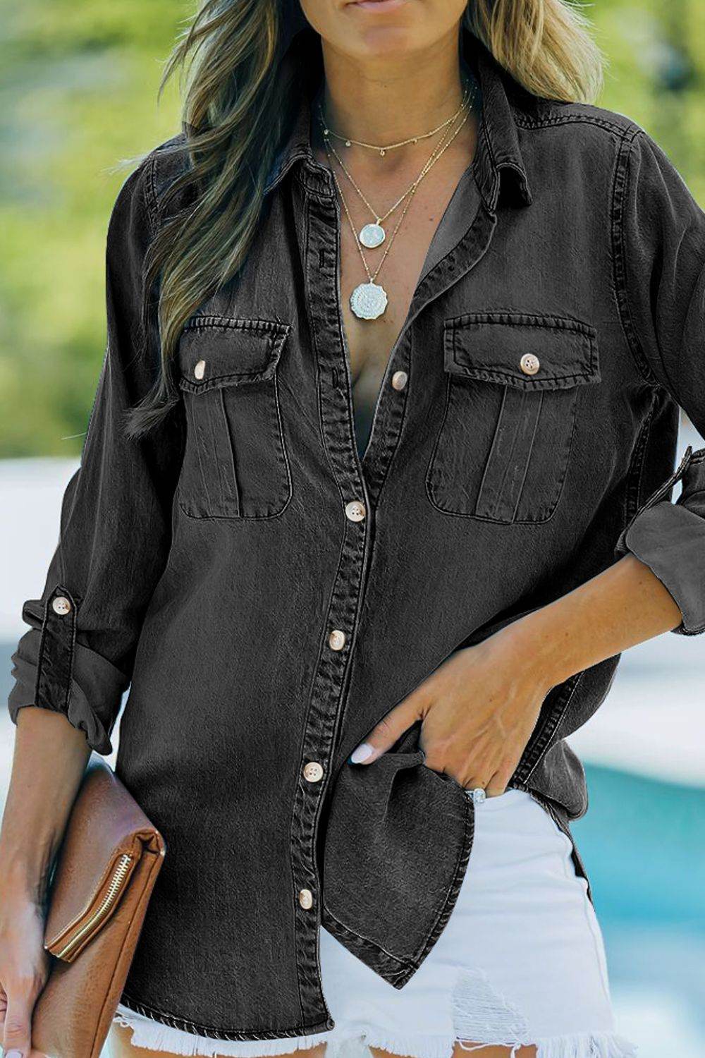Pocketed Collared Neck Long Sleeve Denim Top - Hovatok