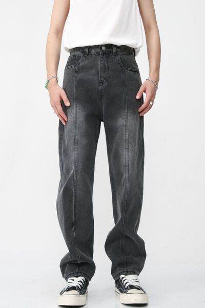 Men's Washed Splicing Straight Leg Jeans - Hovatok