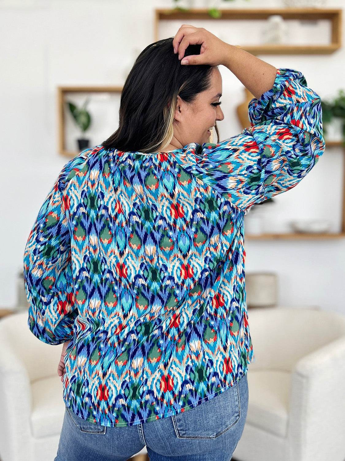 Double Take Full Size Printed Balloon Sleeve Blouse - Hovatok