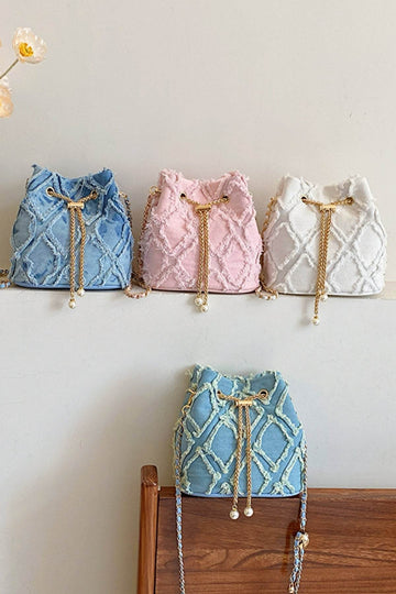 Chain Drawstring Raw Edge Denim Bucket Bag - Hovatok