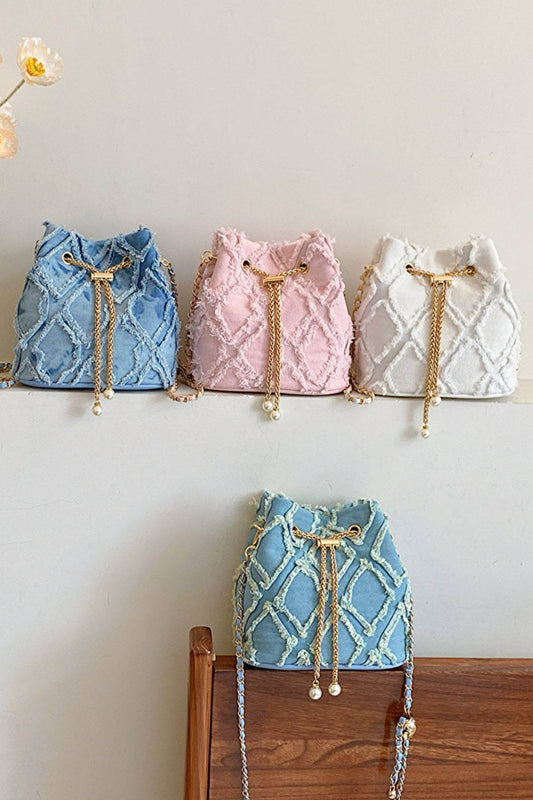 Chain Drawstring Raw Edge Denim Bucket Bag - Hovatok