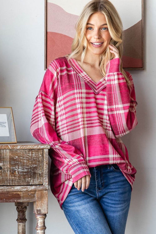 Heimish Plaid Drop Shoulder V-Neck T-Shirt - Hovatok