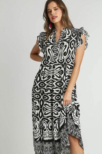 Umgee Full Size Two Tone Border Print Ruffle Cap Sleeve Midi Dress Plus Size - Hovatok