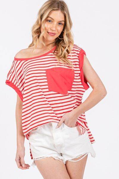 Ces Femme Side Slit Striped Cap Sleeve T-Shirt - Hovatok