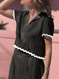 Contrast Trim Openwork Short Sleeve Top and Skirt Set - Hovatok
