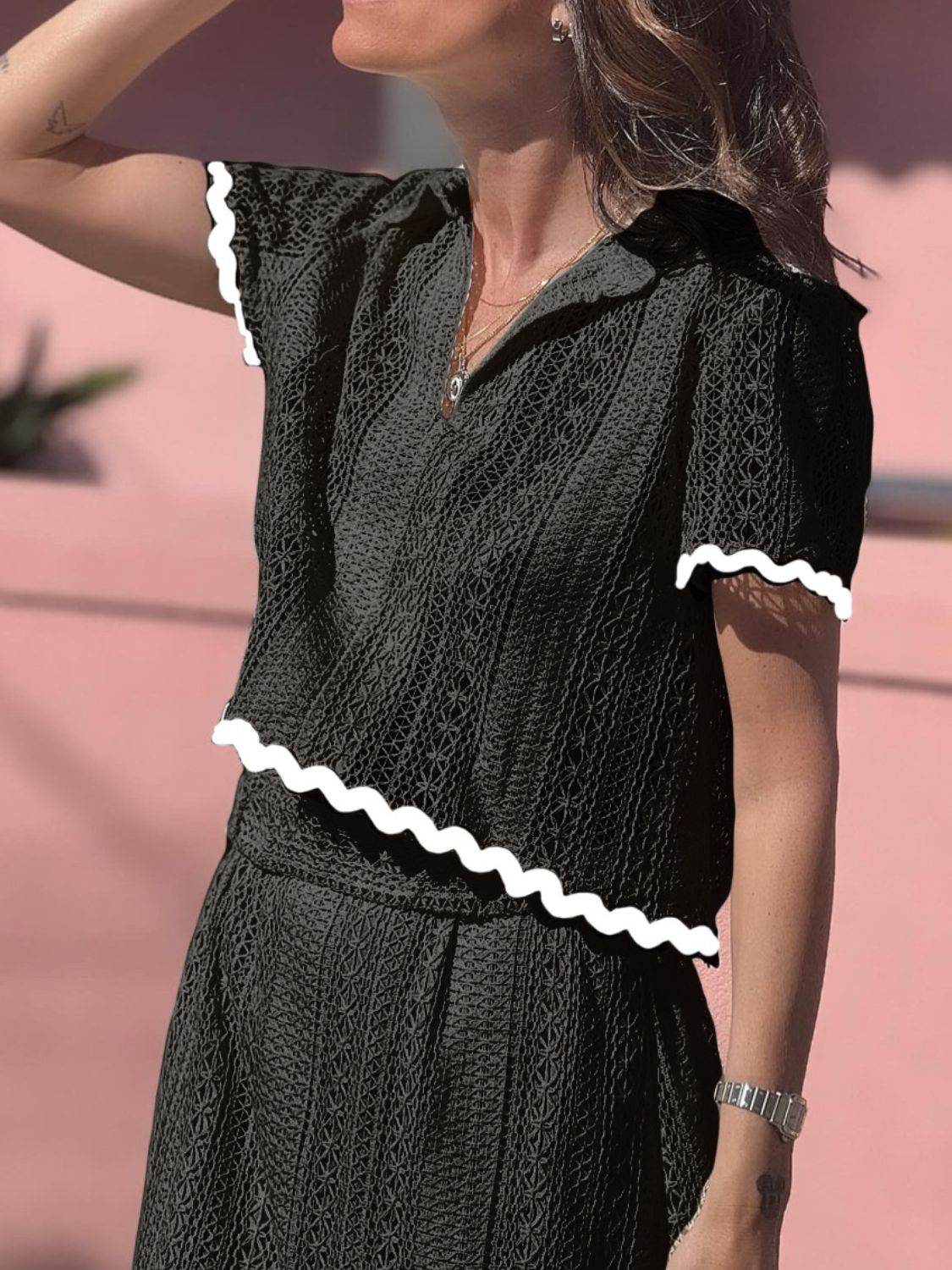 Contrast Trim Openwork Short Sleeve Top and Skirt Set - Hovatok