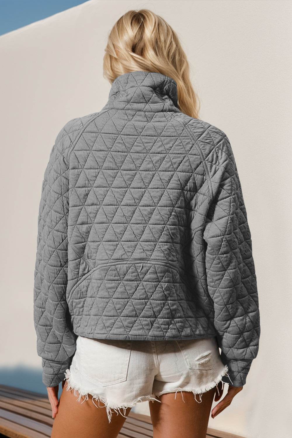 Double Take Half Zip Long Sleeve Quilted Sweatshirt with Pocket - Hovatok