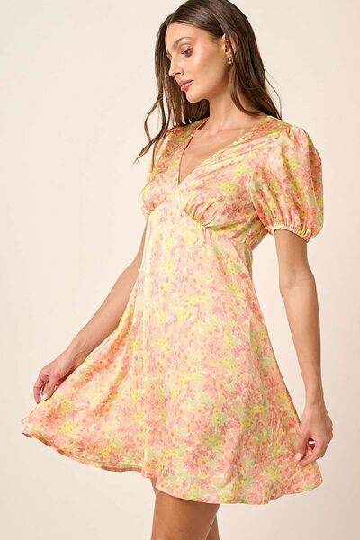 Mittoshop Printed V-Neck Puff Sleeve Mini Dress - Hovatok