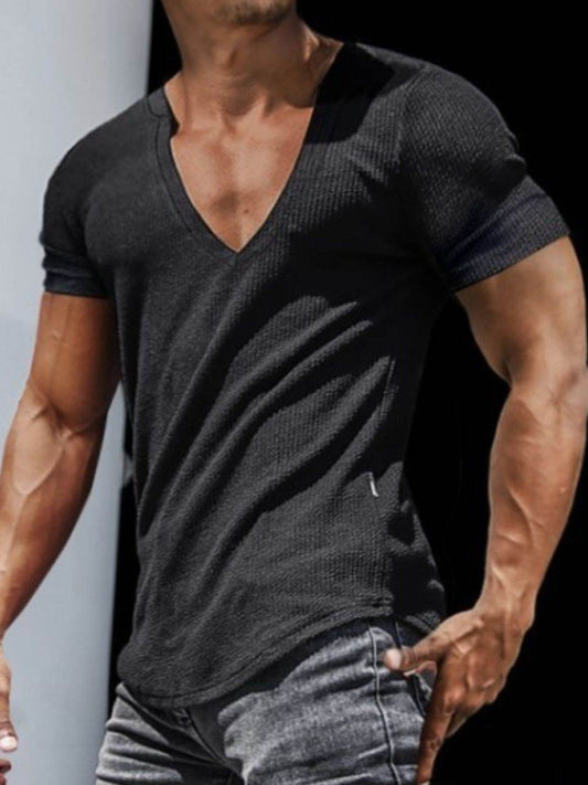 Men's Full Size Notched Short Sleeve T-Shirt Plus Size - Hovatok
