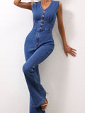 V-Neck Sleeveless Denim Jumpsuit - Hovatok