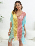 Fringe Color Block Scoop Neck Cover Up - Hovatok