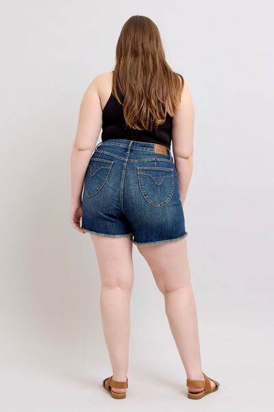 Judy Blue Tummy Control Fray Hem & Shield Back Pockets Denim Shorts - Hovatok