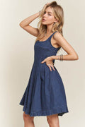 ADORA Smocked Back Square Neck Denim Dress - Hovatok
