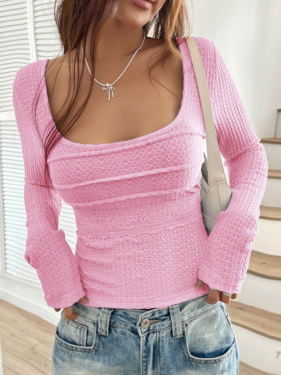 Devine Back Tie Square Neck Long Sleeve Top - Hovatok