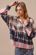 BiBi Drawstring Plaid Drop Shoulder Hoodie - Hovatok