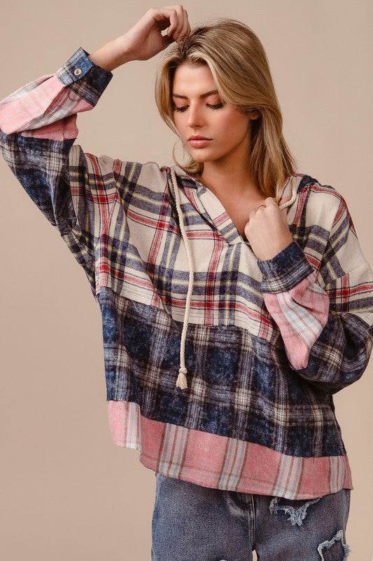 BiBi Drawstring Plaid Drop Shoulder Hoodie - Hovatok