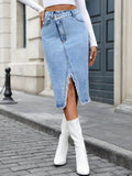 Raw Hem Slit Midi Denim Skirt - Hovatok