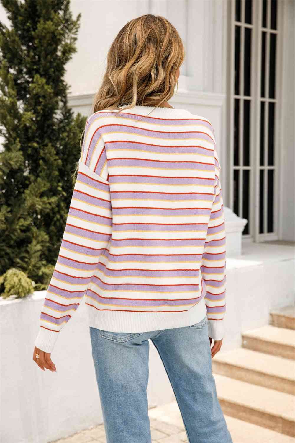 Angel Wings Striped Round Neck Dropped Shoulder Knit Top - Hovatok