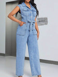 Tied Half Button Denim Jumpsuit with Pockets - Hovatok