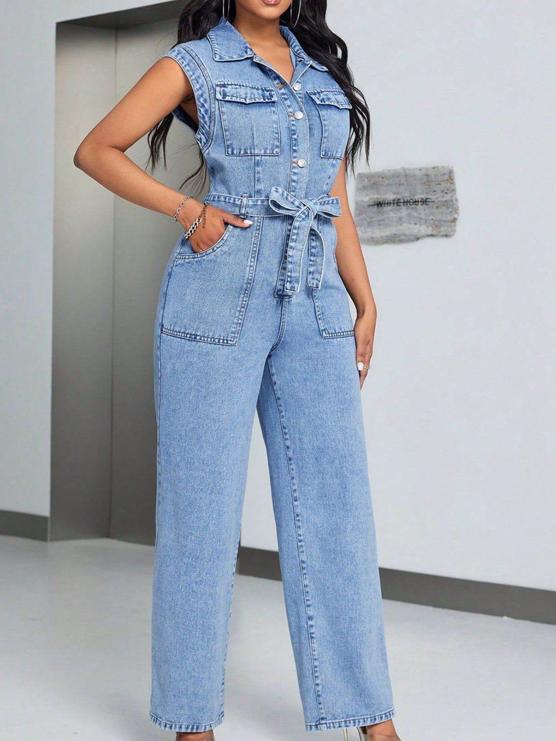 Tied Half Button Denim Jumpsuit with Pockets - Hovatok