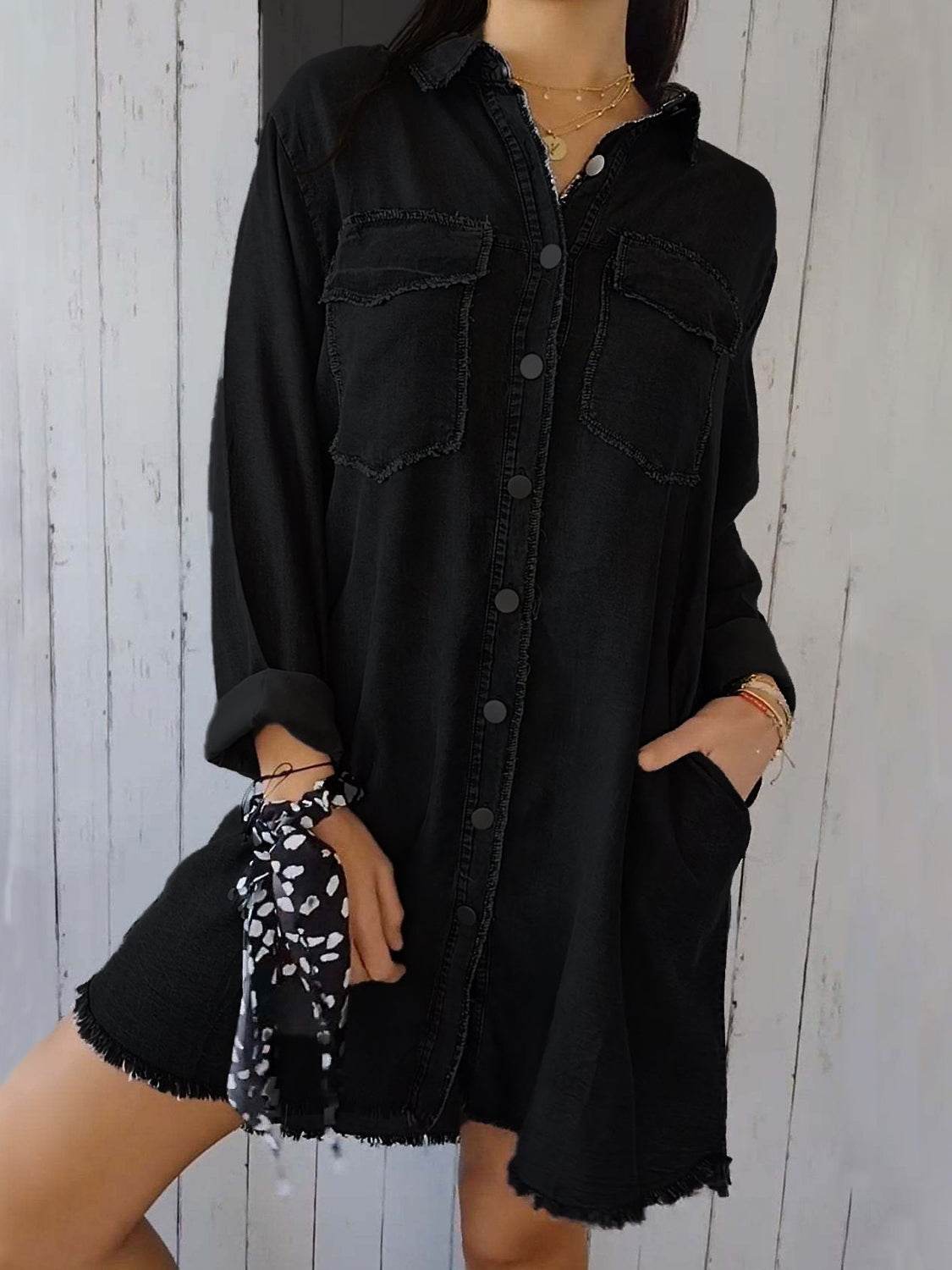 Full Size Raw Hem Button Up Long Sleeve Denim Top Plus Size - Hovatok