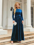 Tie Front Round Neck Long Sleeve Maxi Dress - Hovatok