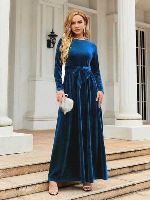 Tie Front Round Neck Long Sleeve Maxi Dress - Hovatok