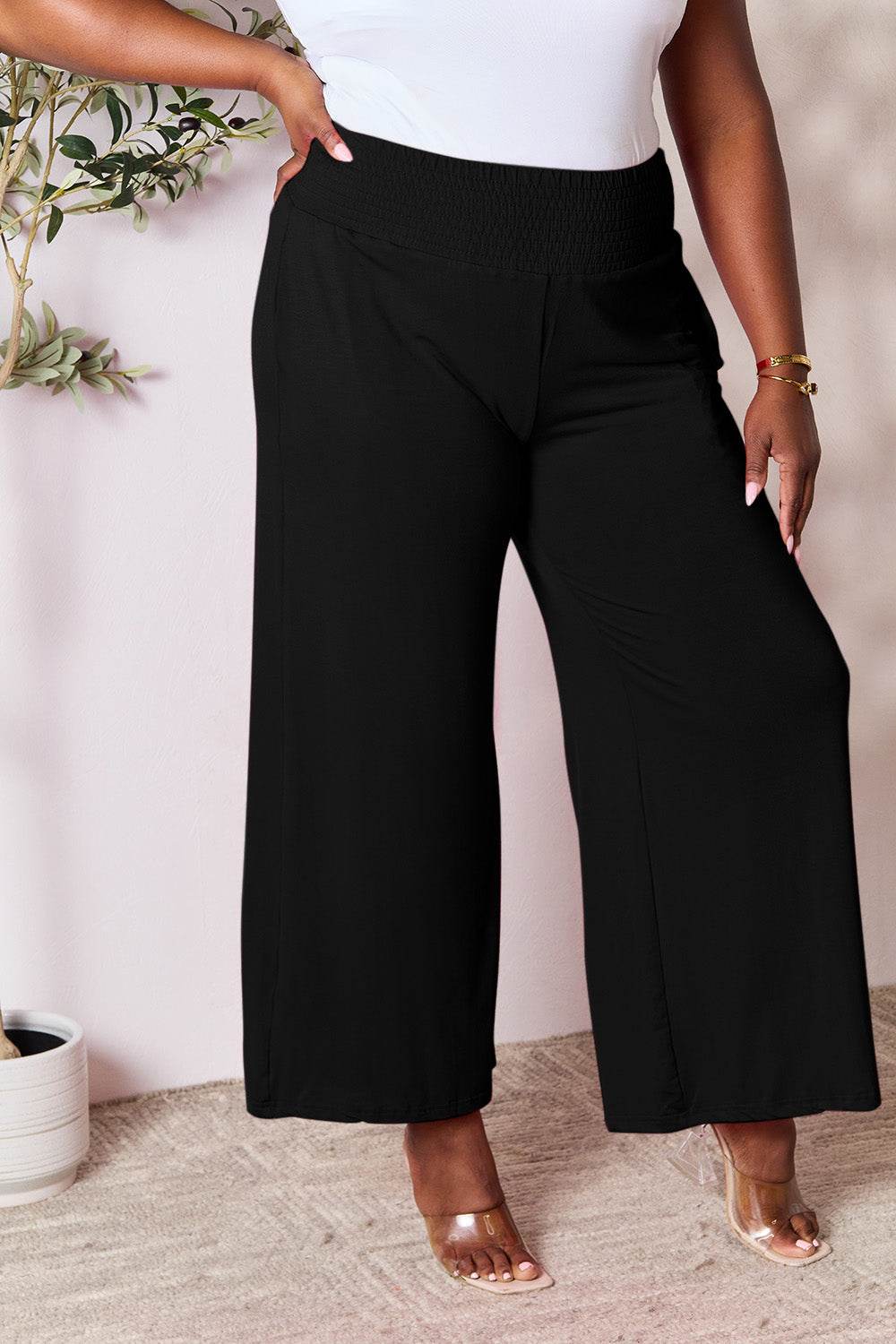 Basic Bae Full Size Smocked Wide Waistband Wide Leg Pants - Hovatok