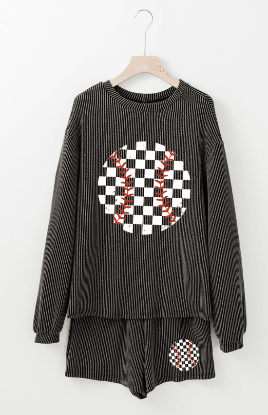 Corded Checkerboard Baseball Graphic Long Sleeve Top and Shorts Set - Hovatok