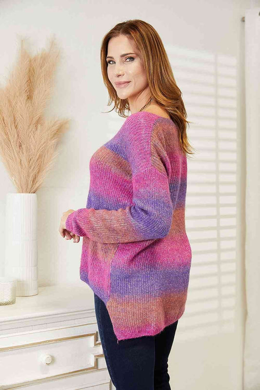 Angel Wings Multicolored Rib-Knit V-Neck Knit Pullover - Hovatok