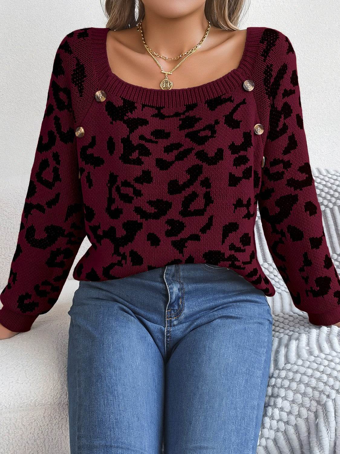 Leopard Buttoned Square Neck Sweater - Hovatok