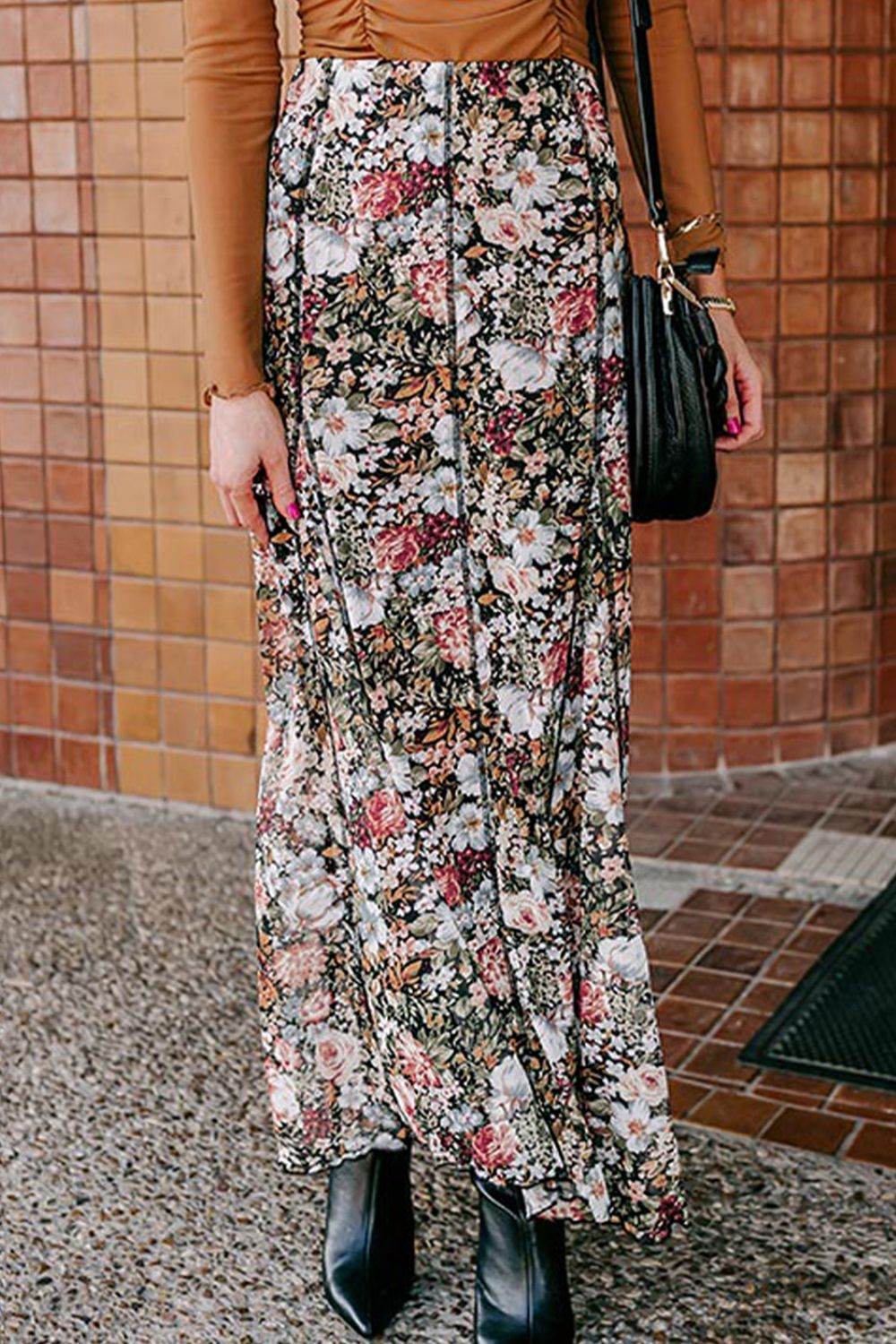 Floral Elastic Waist Maxi Skirt - Hovatok