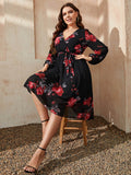 Honey Plus Size Floral Surplice Neck Tie Waist Dress - Hovatok