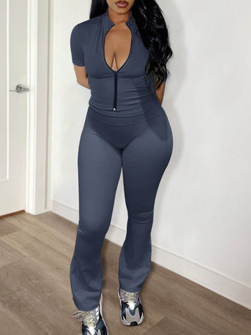 Devine Zip Up Top and Bootcut Leggings Set - Hovatok