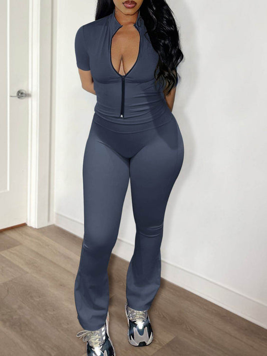 Devine Zip Up Top and Bootcut Leggings Set - Hovatok