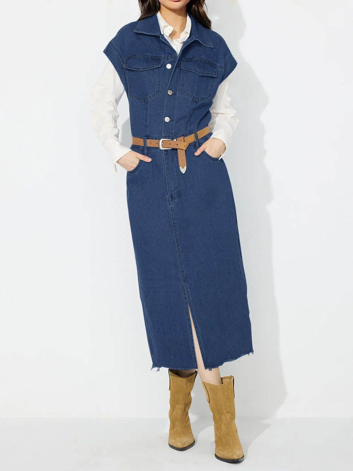 Slit Half Button Collared Neck Cap Sleeve Denim Dress - Hovatok
