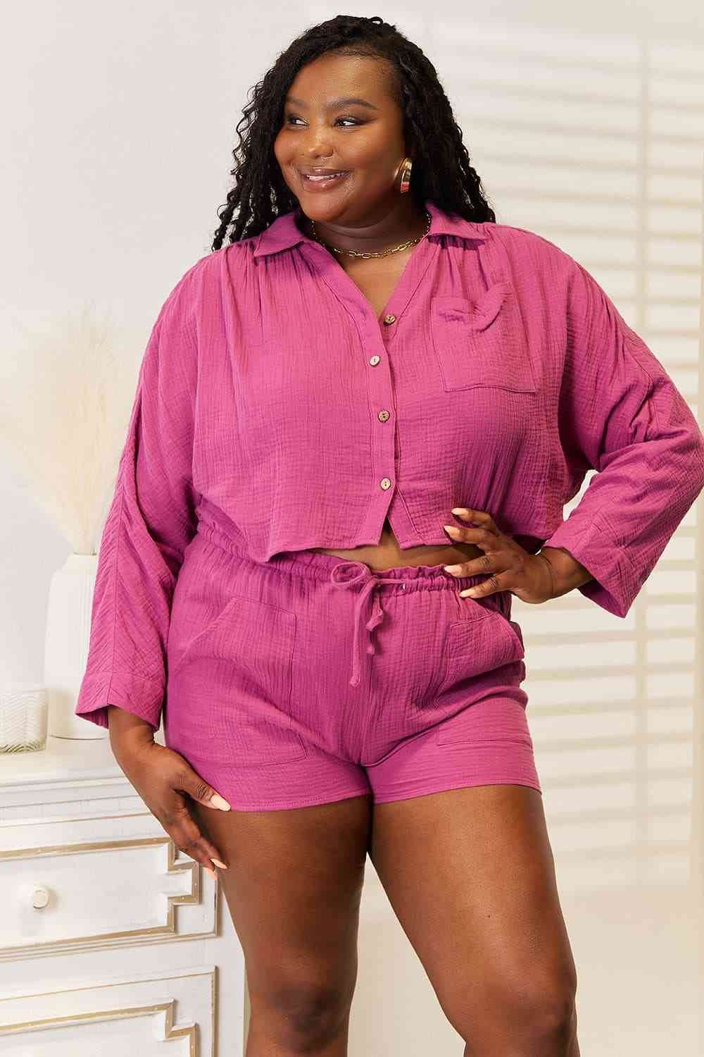 Basic Bae Buttoned Long Sleeve Top and Shorts Set - Hovatok