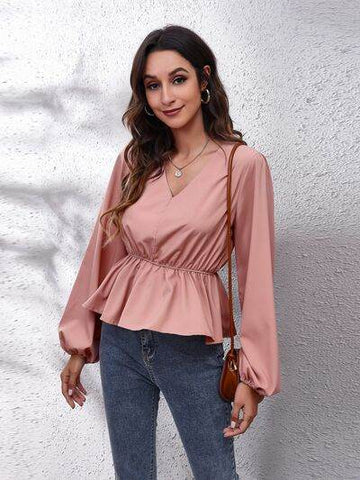 V-Neck Balloon Sleeve Peplum Blouse - Hovatok