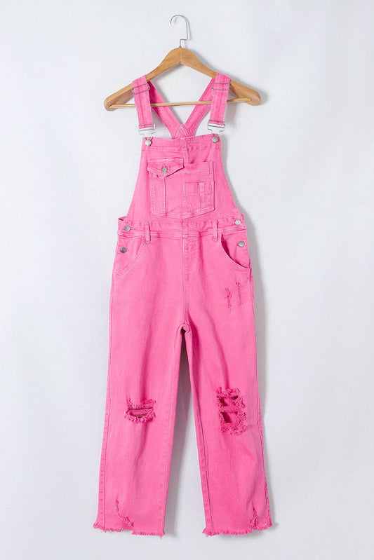 Distressed Pocketed Wide Strap Denim Overalls - Hovatok