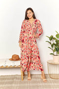 Double Take Floral Frill Trim Flounce Sleeve Plunge Maxi Dress - Hovatok