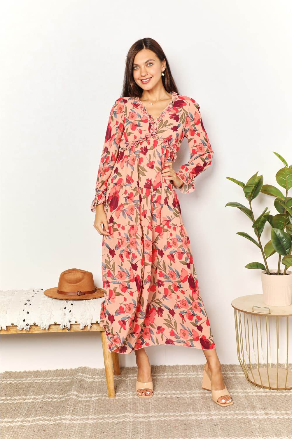 Double Take Floral Frill Trim Flounce Sleeve Plunge Maxi Dress - Hovatok