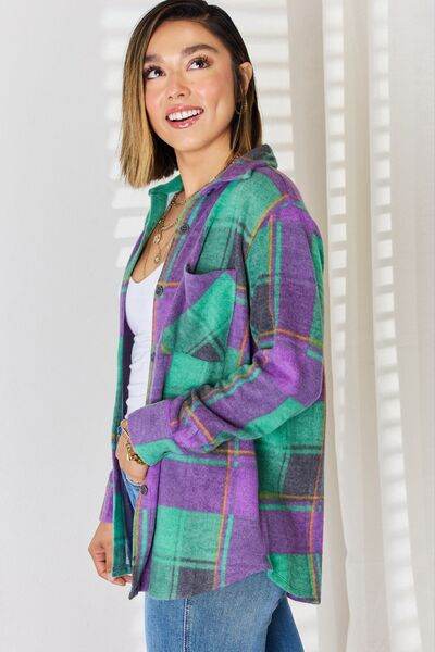 Zenana Plaid Button Up Long Sleeve Shacket - Hovatok