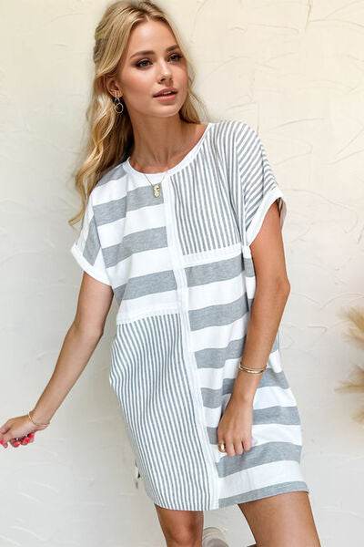Oh Full Size Striped Round Neck Short Sleeve Mini Tee Dress - Hovatok