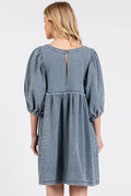 Mittoshop Washed Round Neck Puff Sleeve Denim Dress - Hovatok