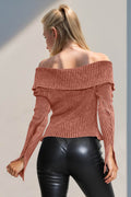 Double Take Ribbed Off-Shoulder Zip Up Long Sleeve Cardigan - Hovatok